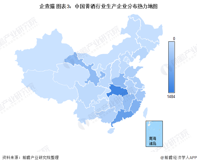 企查猫 图表3：中国黄酒行业生产企业分布热力地图