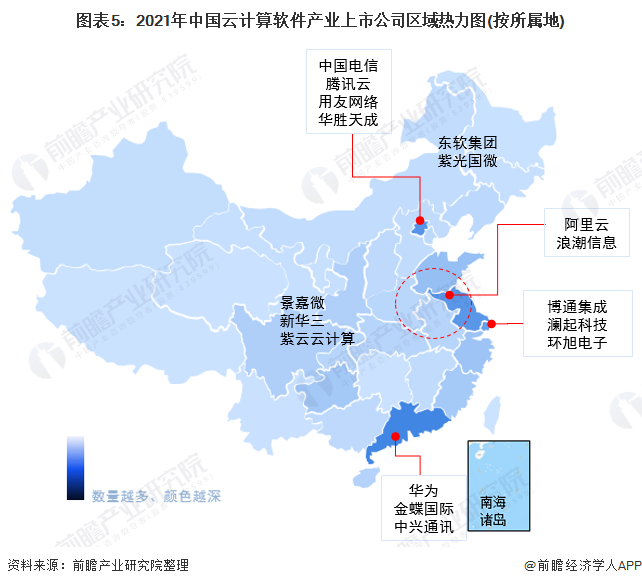 图表5：2021年中国云计算软件产业上市公司区域热力图(按所属地)