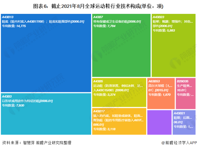图表6：截止2021年8月全球运动鞋行业技术构成(单位：项)
