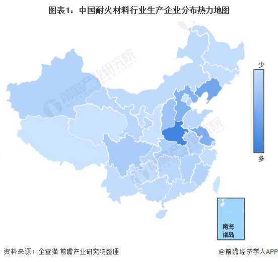 图表1：中国耐火材料行业生产企业分布热力地图