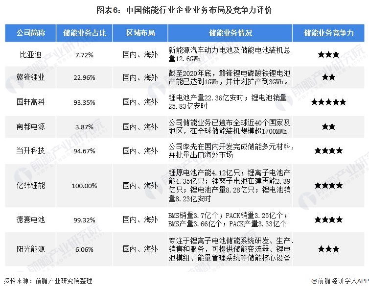 图表6：中国储能行业企业业务布局及竞争力评价