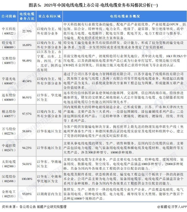 图表5：2021年中国电线电缆上市公司-电线电缆业务布局情况分析(一)