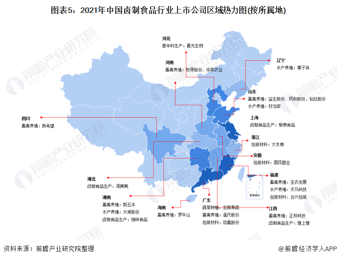 图表5：2021年中国卤制食品行业上市公司区域热力图(按所属地)