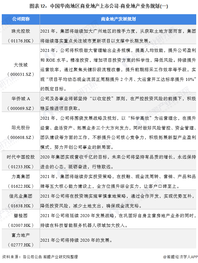 图表12：中国华南地区商业地产上市公司-商业地产业务规划(一)