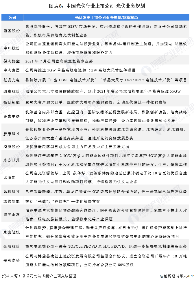 图表8：中国光伏行业上市公司-光伏业务规划