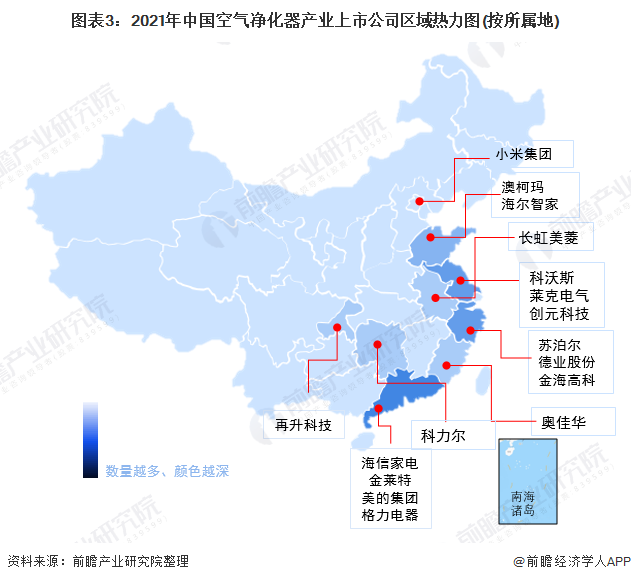 图表3：2021年中国空气净化器产业上市公司区域热力图(按所属地)