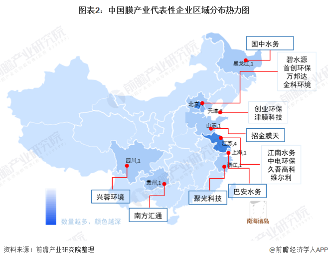 图表2：中国膜产业代表性企业区域分布热力图