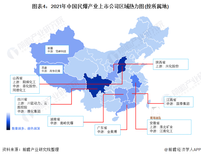 图表4：2021年中国民爆产业上市公司区域热力图(按所属地)