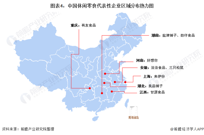 图表4：中国休闲零食代表性企业区域分布热力图