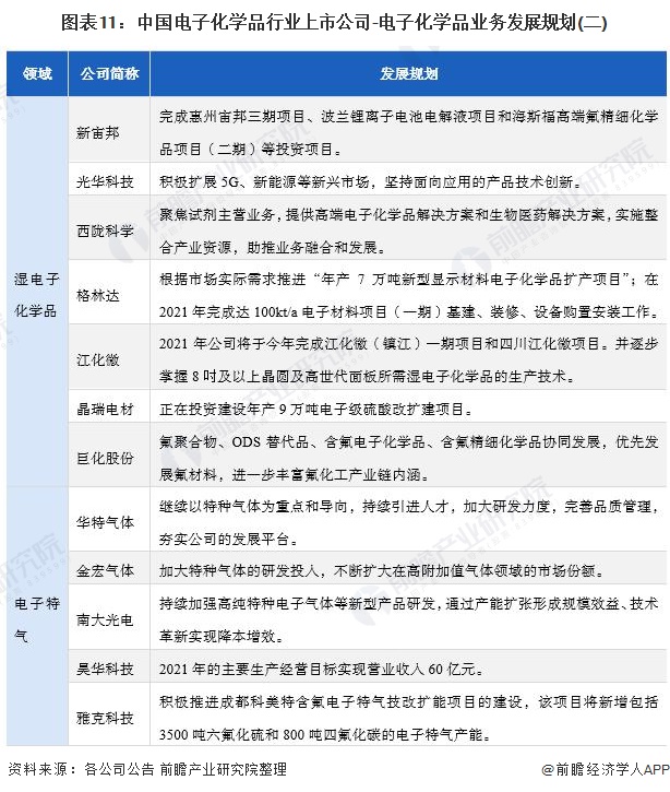 图表11：中国电子化学品行业上市公司-电子化学品业务发展规划(二)