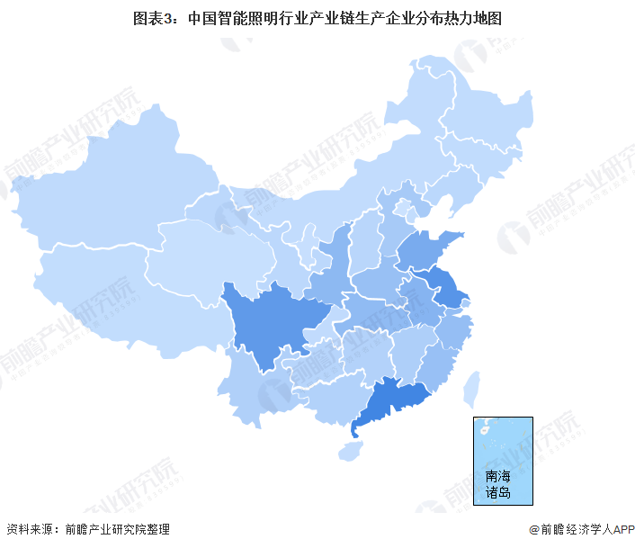 图表3：中国智能照明行业产业链生产企业分布热力地图