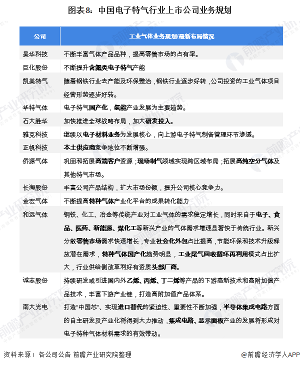 图表8：中国电子特气行业上市公司业务规划