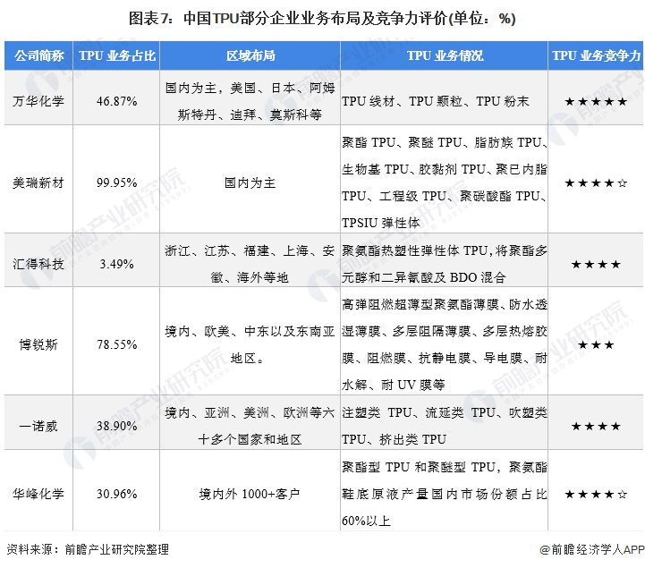 图表7：中国TPU部分企业业务布局及竞争力评价(单位：%)