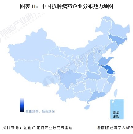 图表11：中国抗肿瘤药企业分布热力地图