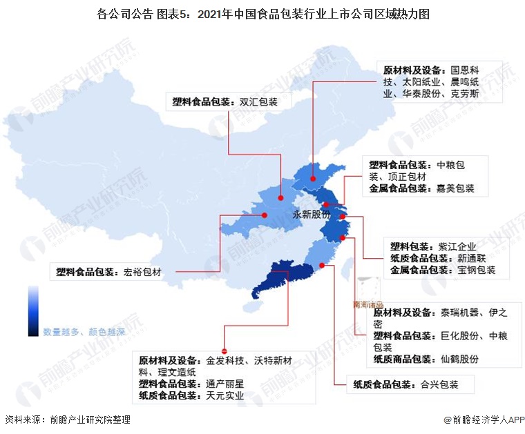 各公司公告 图表5：2021年中国食品包装行业上市公司区域热力图