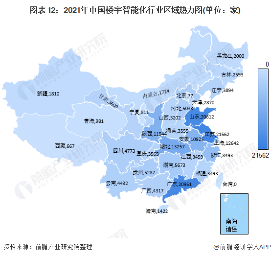 图表12：2021年中国楼宇智能化行业区域热力图(单位：家)