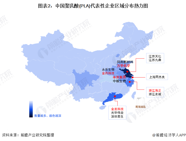 圖表2：中國(guó)聚乳酸(PLA)代表性企業(yè)區(qū)域分布熱力圖