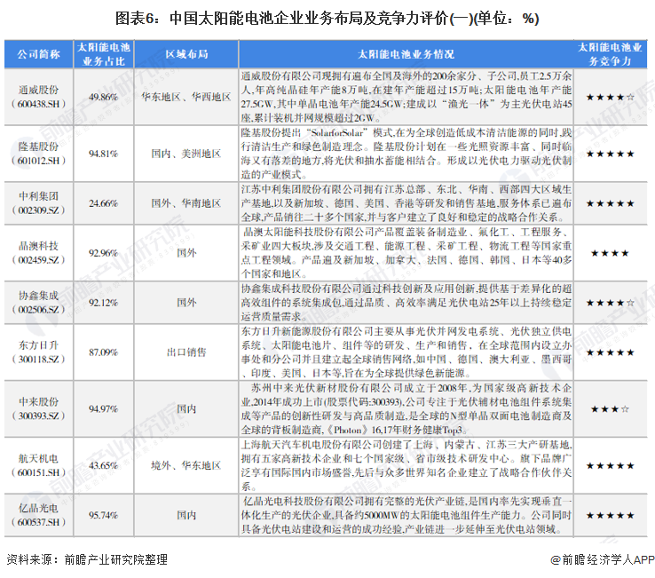 图表6：中国太阳能电池企业业务布局及竞争力评价(一)(单位：%)