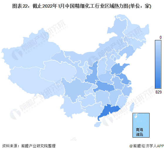 图表22：截止2022年1月中国精细化工行业区域热力图(单位：家)
