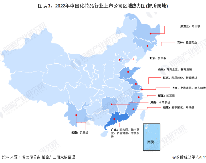 图表3：2022年中国化妆品行业上市公司区域热力图(按所属地)