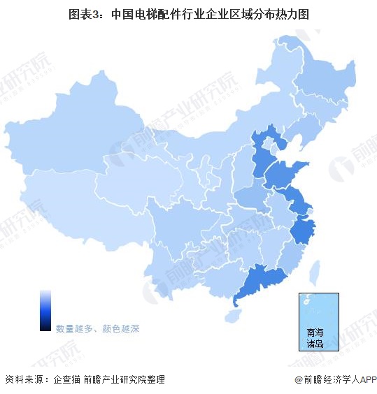 图表3：中国电梯配件行业企业区域分布热力图