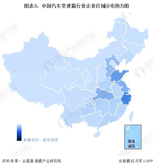 图表3：中国汽车变速箱行业企业区域分布热力图