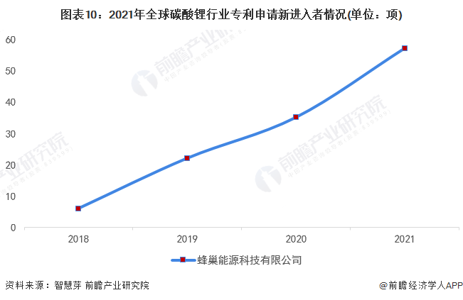 圖表10：2021年全球碳酸鋰行業(yè)專利申請(qǐng)新進(jìn)入者情況(單位：項(xiàng))