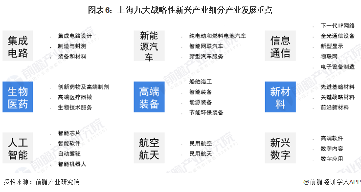 图表6：上海九大战略性新兴产业细分产业发展重点