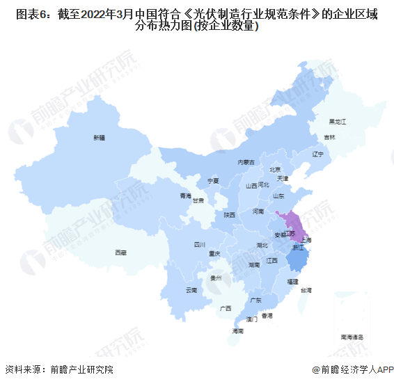 图表6：截至2022年3月中国符合《光伏制造行业规范条件》的企业区域分布热力图(按企业数量)