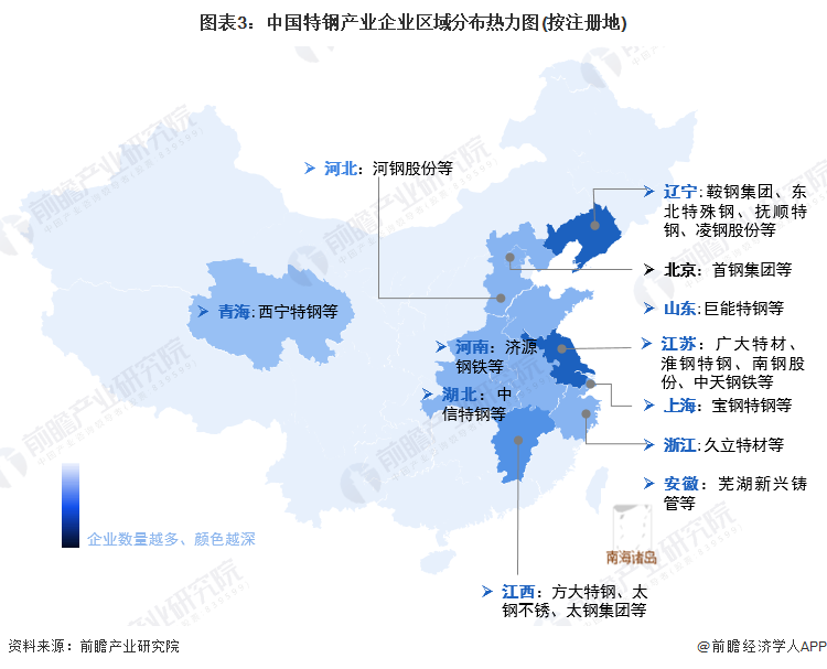 图表3：中国特钢产业企业区域分布热力图(按注册地)