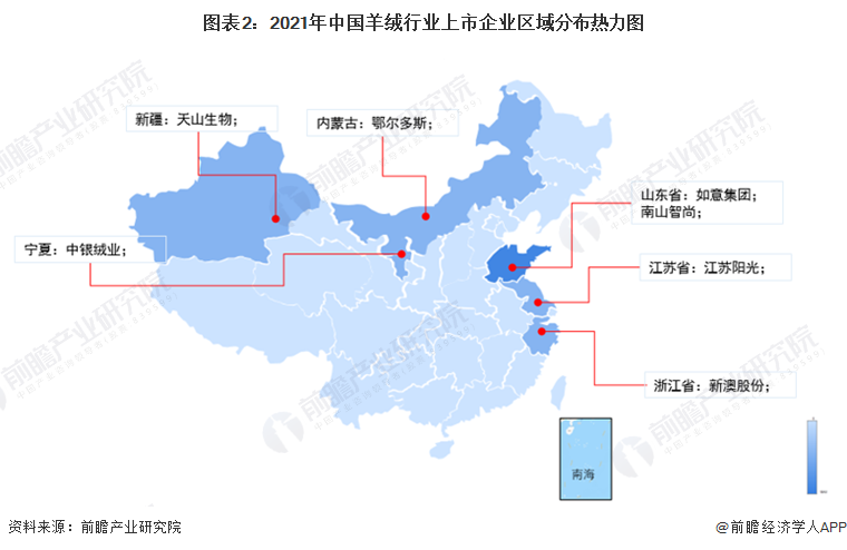 图表2：2021年中国羊绒行业上市企业区域分布热力图