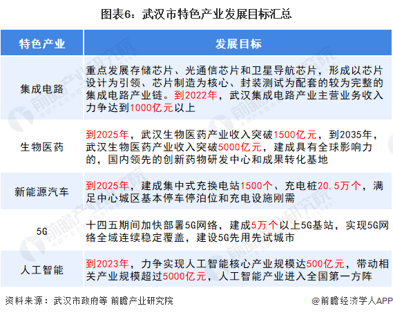 图表6：武汉市特色产业发展目标汇总