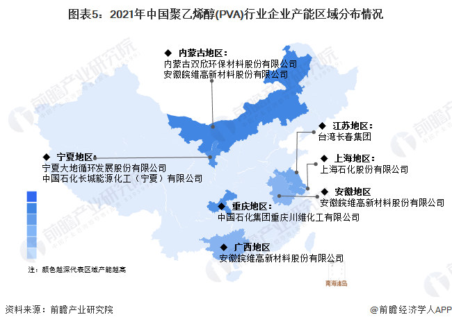 图表5：2021年中国聚乙烯醇(PVA)行业企业产能区域分布情况