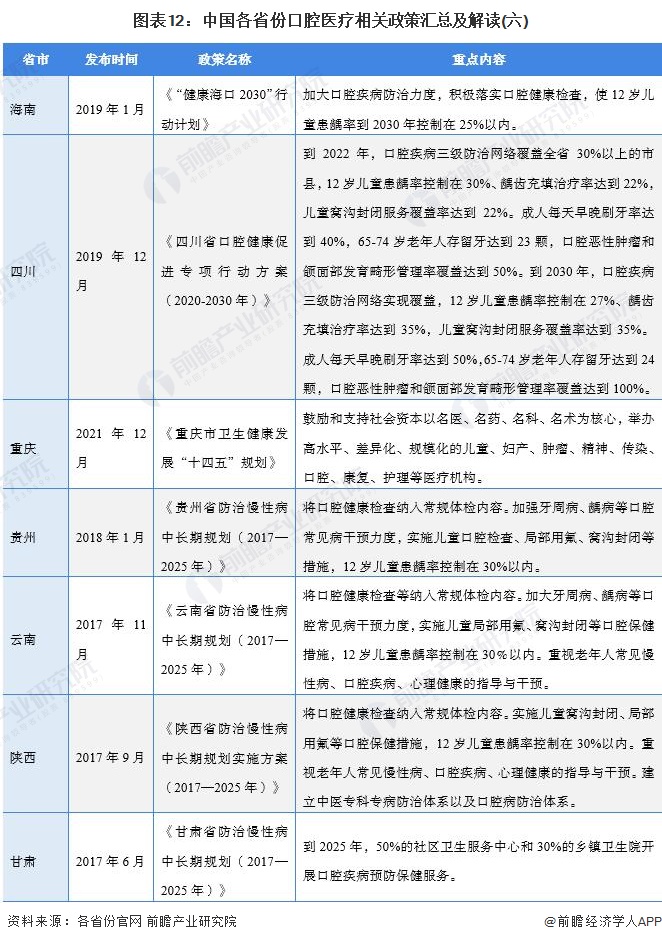 图表12：中国各省份口腔医疗相关政策汇总及解读(六)