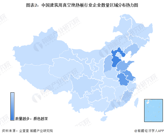 图表2：中国建筑用真空绝热板行业企业数量区域分布热力图