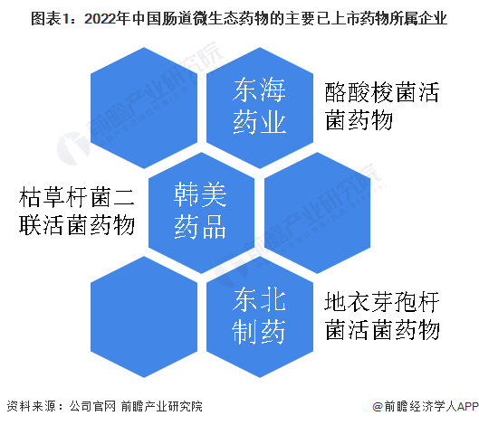 图表1：2022年中国肠道微生态药物的主要已上市药物所属企业
