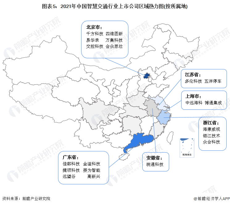 图表5：2021年中国智慧交通行业上市公司区域热力图(按所属地)