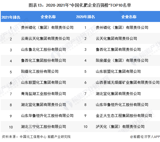 图表13：2020-2021年“中国化肥企业百强榜“TOP10名单