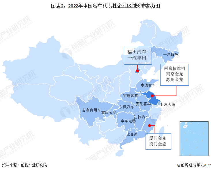 图表2：2022年中国客车代表性企业区域分布热力图