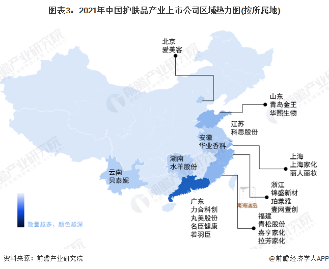 图表3：2021年中国护肤品产业上市公司区域热力图(按所属地)