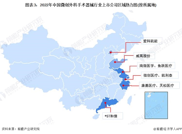 图表3：2022年中国微创外科手术器械行业上市公司区域热力图(按所属地)
