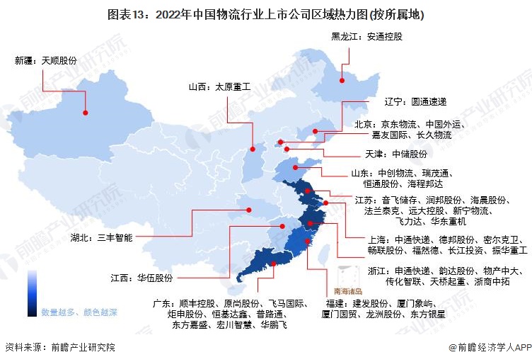 图表13：2022年中国物流行业上市公司区域热力图(按所属地)