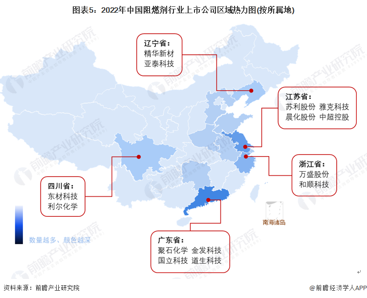 图表5：2022年中国阻燃剂行业上市公司区域热力图(按所属地)