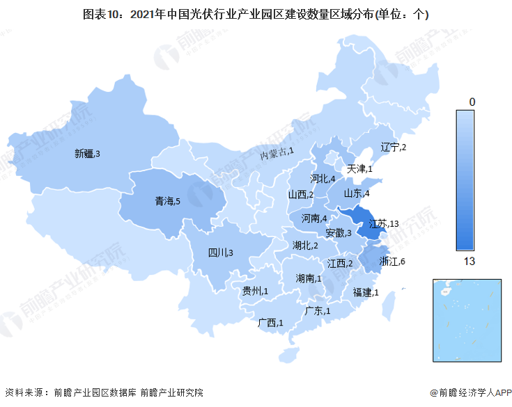 图表10：2021年中国光伏行业产业园区建设数量区域分布(单位：个)