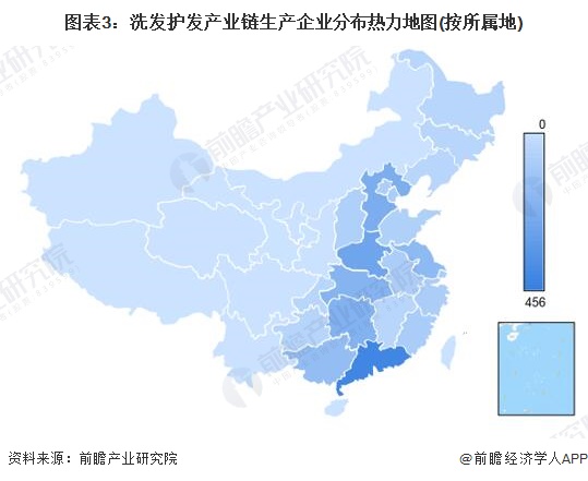 图表3：洗发护发产业链生产企业分布热力地图(按所属地)