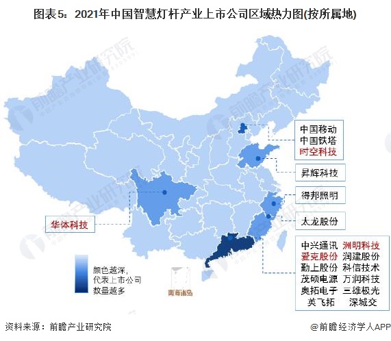 图表5：2021年中国智慧灯杆产业上市公司区域热力图(按所属地)