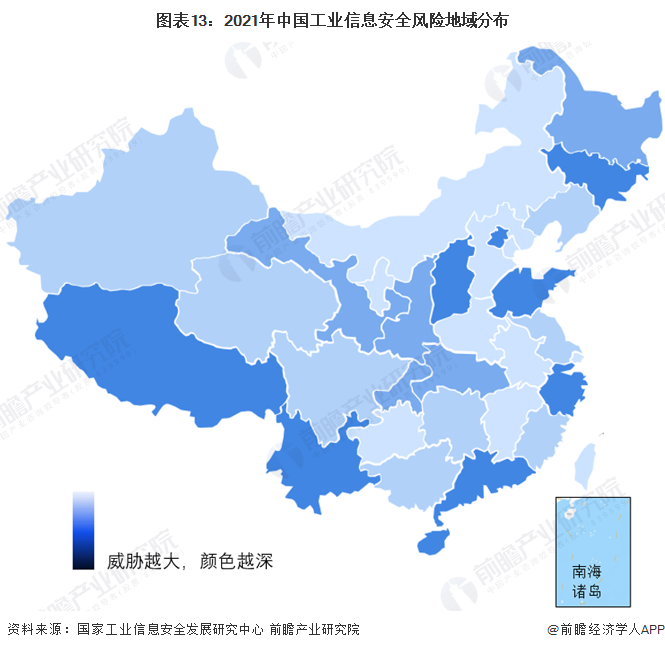 图表13：2021年中国工业信息安全风险地域分布