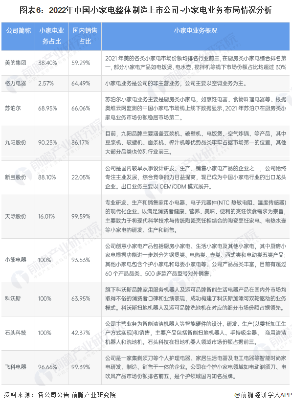 图表6：2022年中国小家电整体制造上市公司-小家电业务布局情况分析