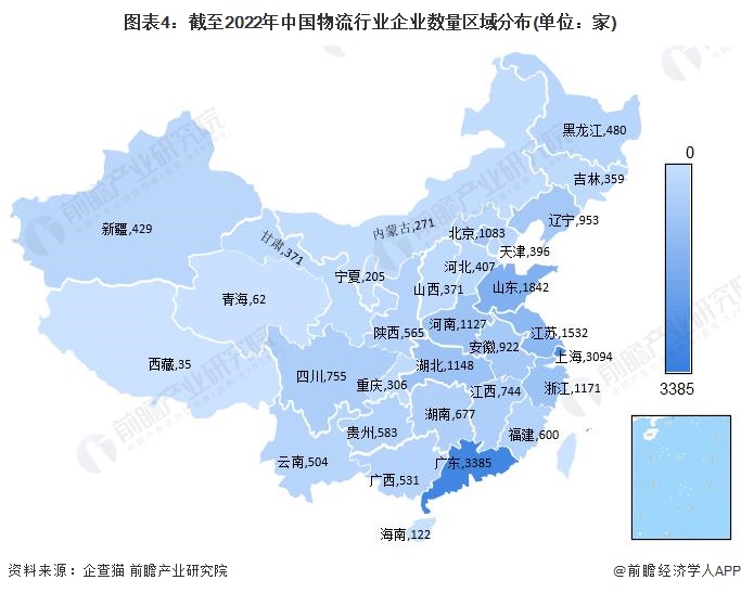 图表4：截至2022年中国物流行业企业数量区域分布(单位：家)