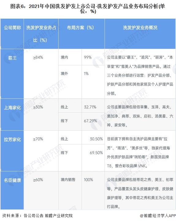 图表6：2021年中国洗发护发上市公司-洗发护发产品业务布局分析(单位：%)